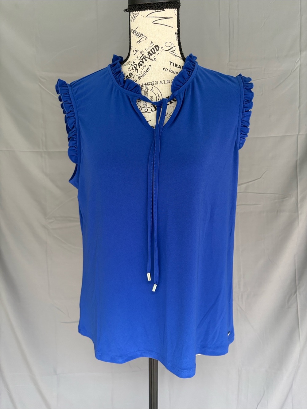 NWT Tahari Sleeveless Royal Blue Ruffle Keyhole High Collar Sz L